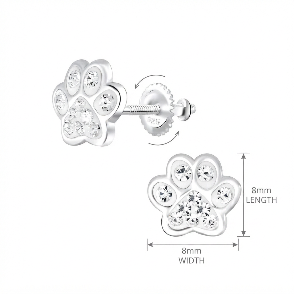Silver paw-shaped stud earrings with clear rhinestones, shown from front and back views with 8mm width and length dimension markings on a white background.