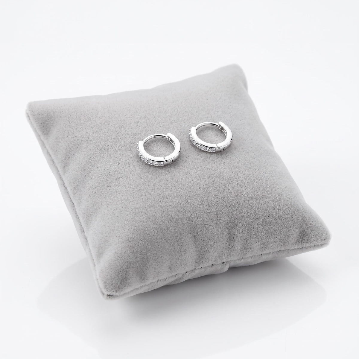 Sterling silver 11mm CZ hinged huggie hoop earrings with sparkling cubic zirconia on cushion