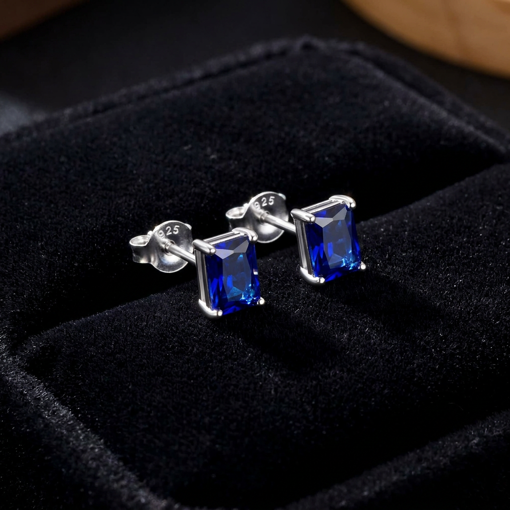 A pair of silver stud earrings with rectangular deep blue gemstones, displayed on a black velvet jewelry box.