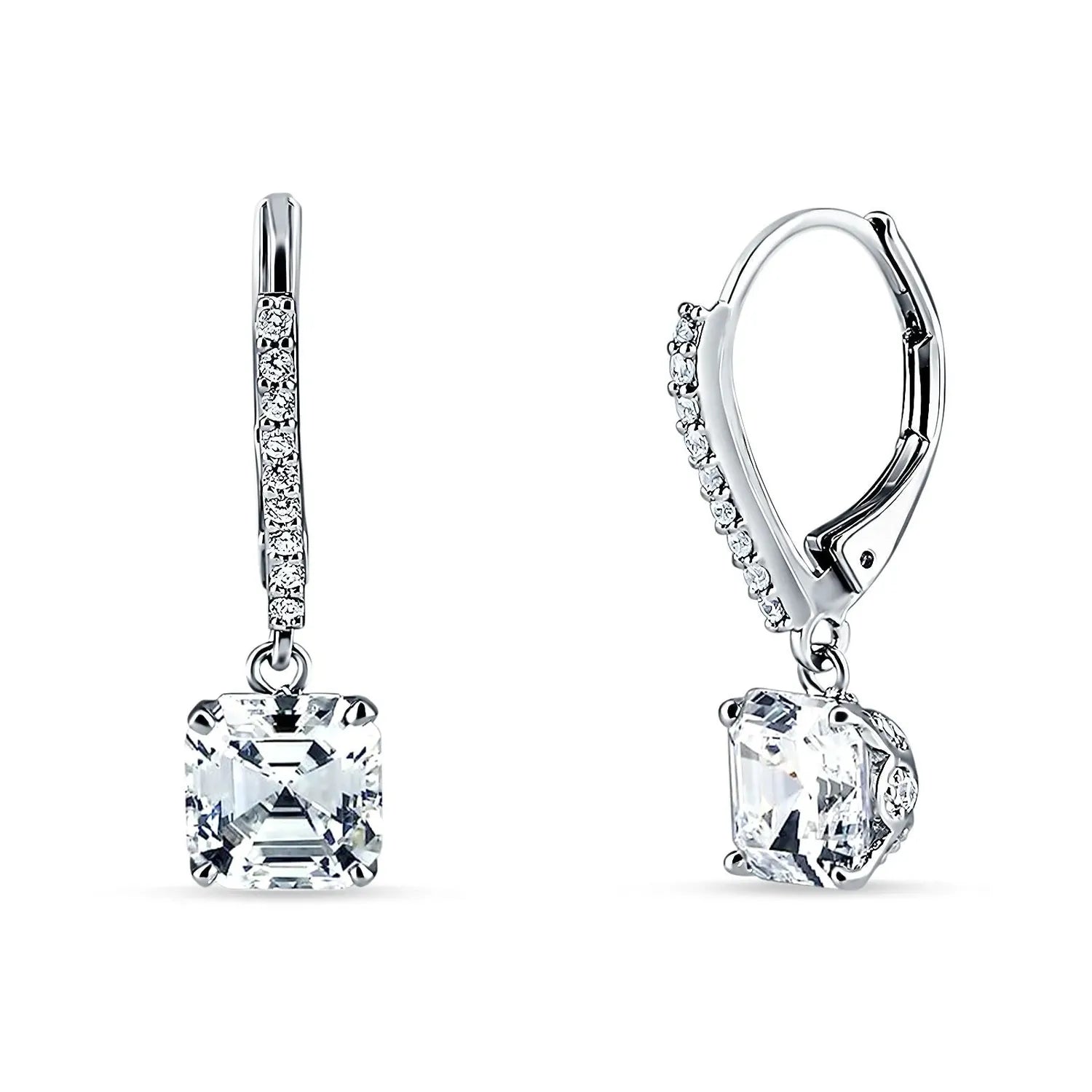 Melchior Jewellery Asscher Cut CZ Leverback Drop Earrings with sparkling clear cubic zirconia stones