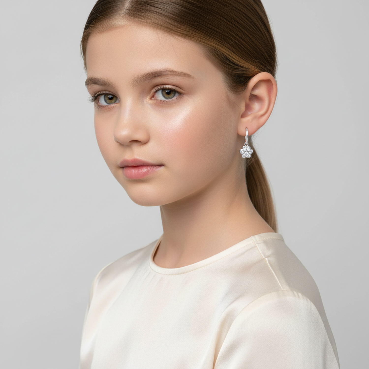 Melchior Jewellery paw print earrings for girls worn by young girl with simple white top