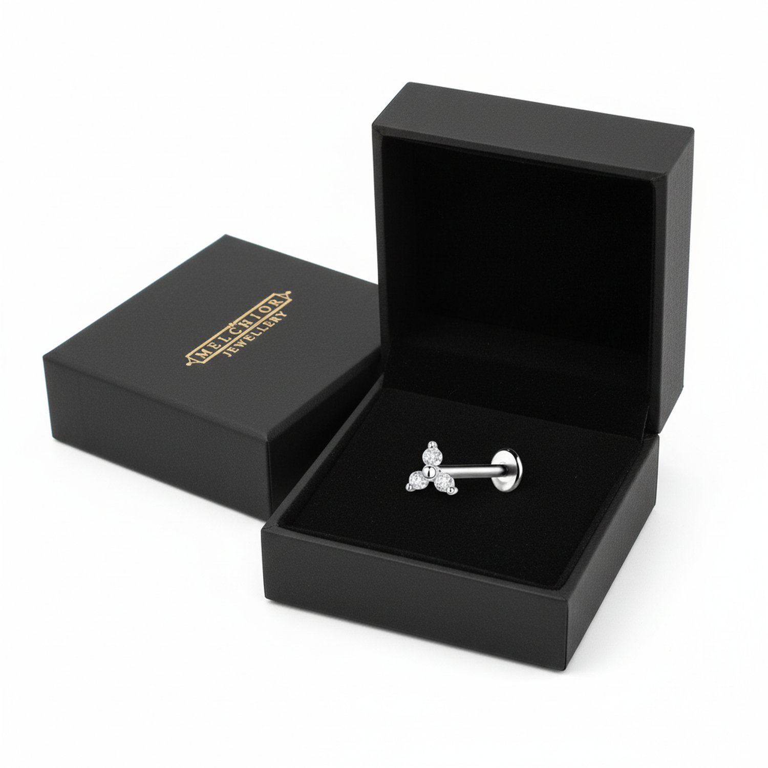 Sterling Silver Geometric with Titanium Labret body jewellery in silver with crystal detail in black Melchior Jewellery box
