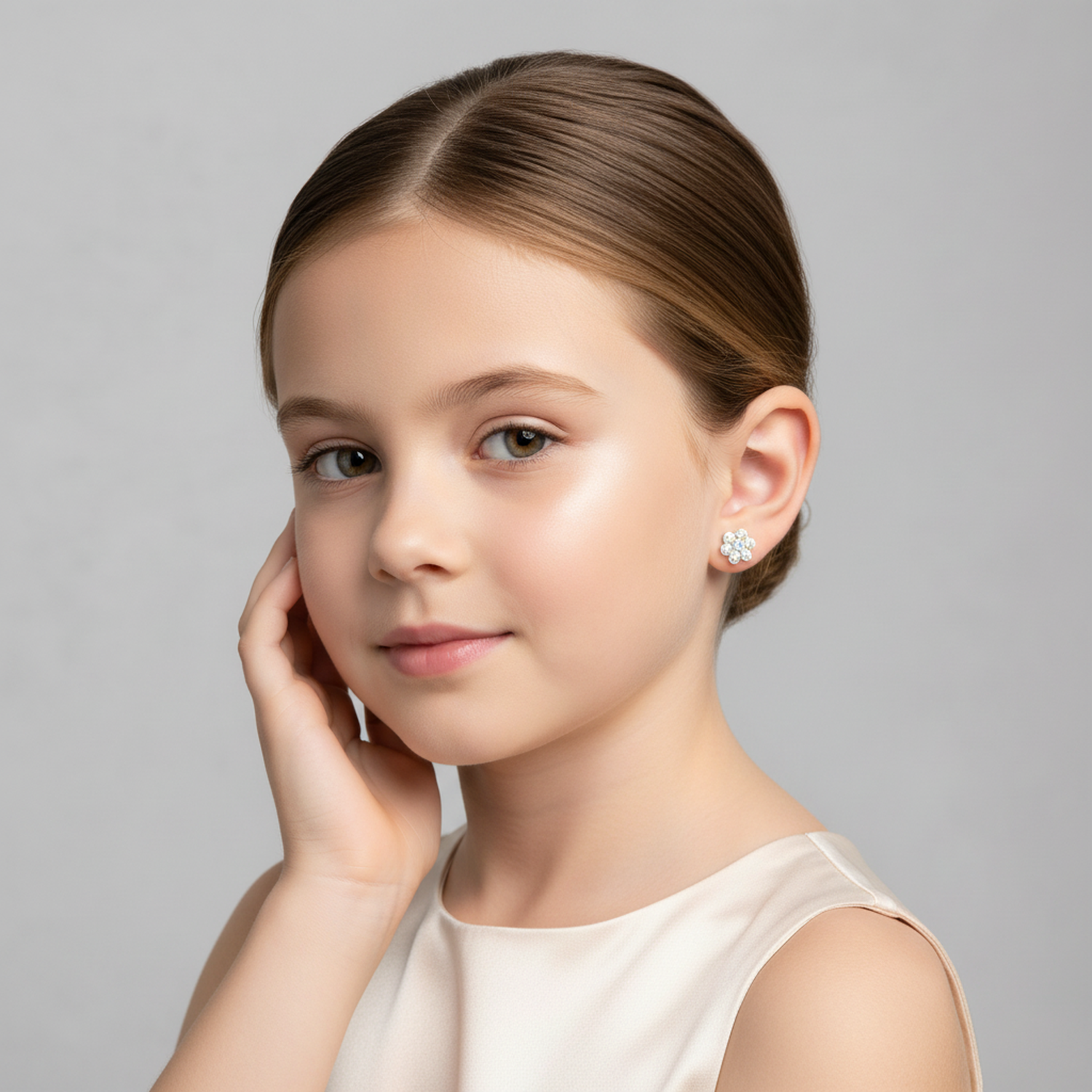 Melchior Jewellery sterling silver screw back earrings for girls worn by a young girl with a soft smile