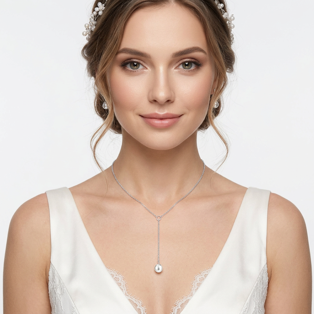 Elegant Silver Necklace featuring a delicate pendant, perfect for bridal wear.