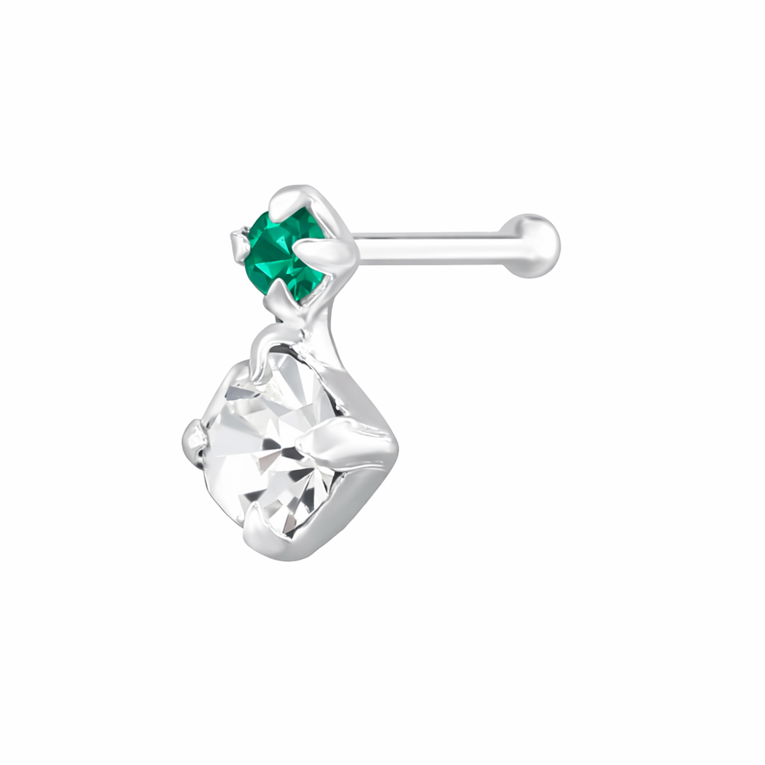 Sterling silver nose stud with clear and green gemstones for elegant body jewellery