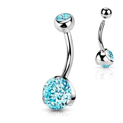 Melchior Jewellery sterling silver belly button piercing with large blue crystal gem and curved bar