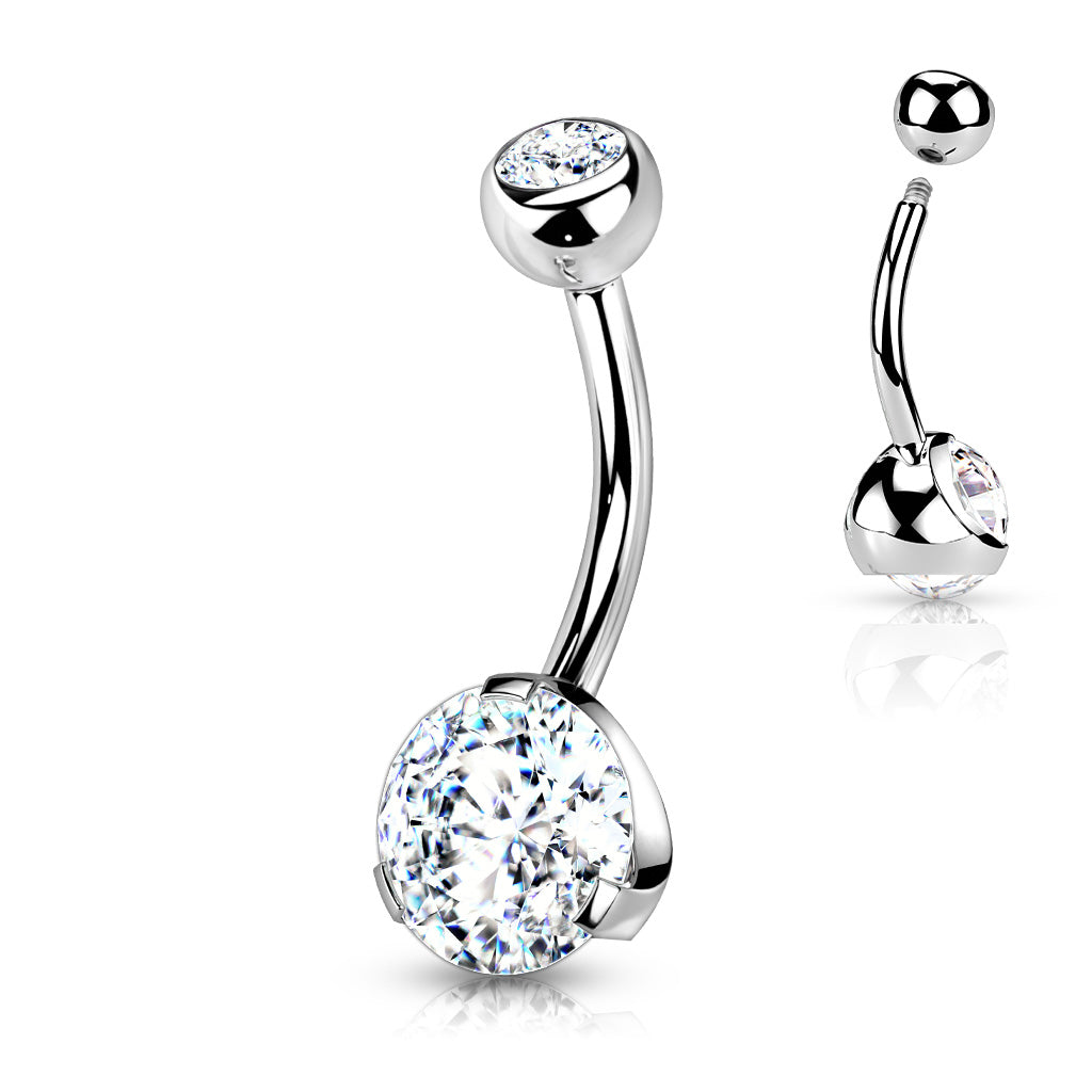 Melchior Jewellery sterling silver belly button piercing curved barbell with large round clear gemstone and small top gem