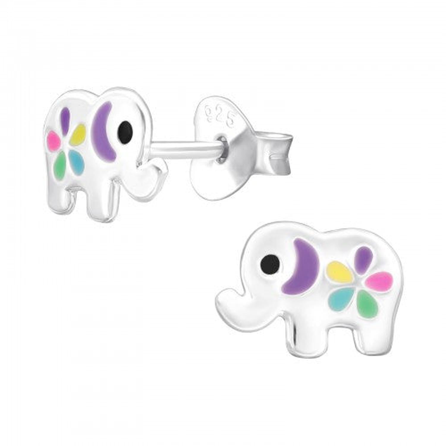 Sterling silver Silver Girls Elephant Stud Earrings with colourful flower detail for children by Melchior Jewellery