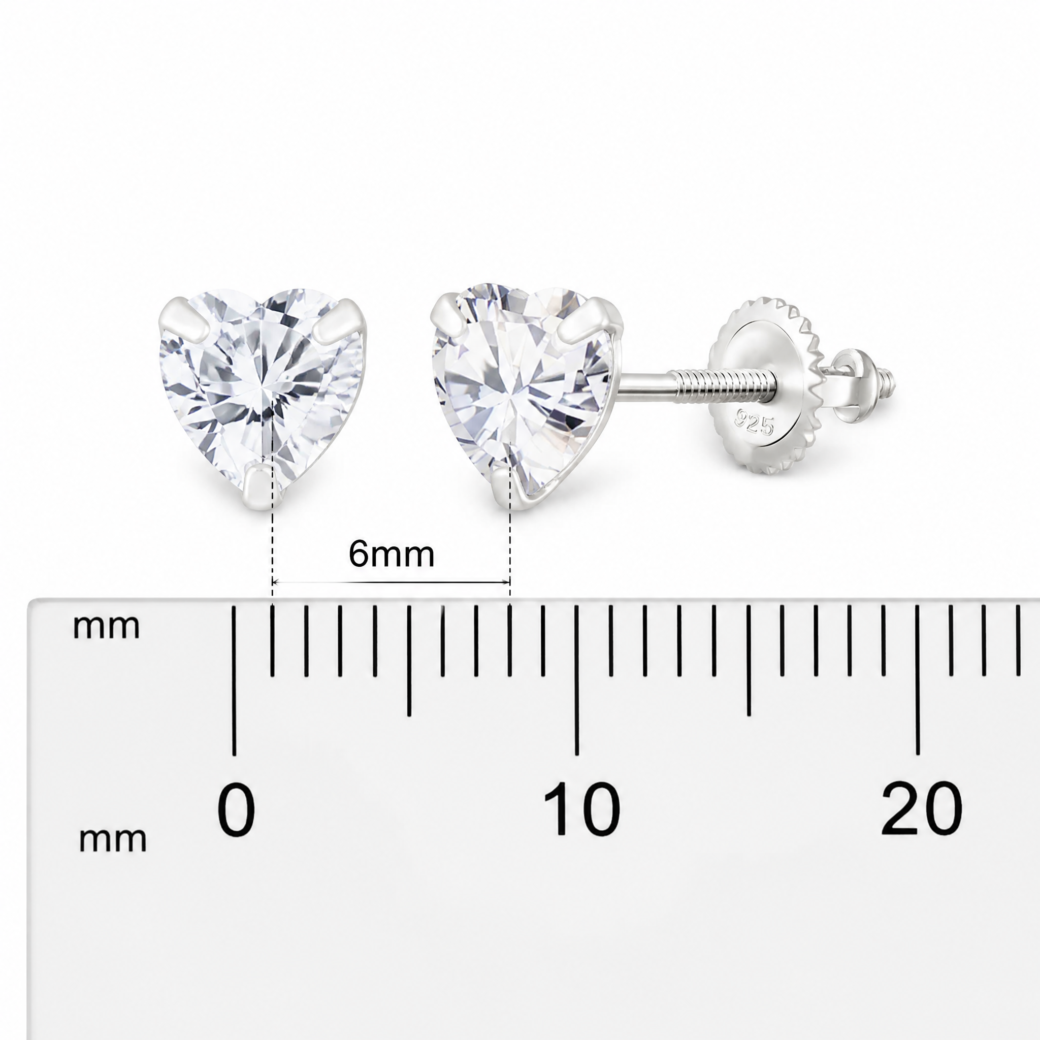Sterling silver girls 6mm CZ heart screw back earrings – front, back and screw fitting shown with 6mm size marker