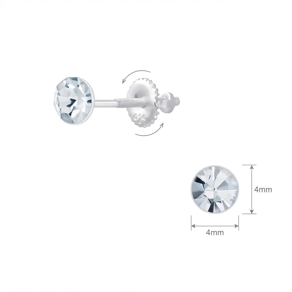 Sterling Silver Kids 4mm Crystal Screw Back Earrings – front and back view with dimensions