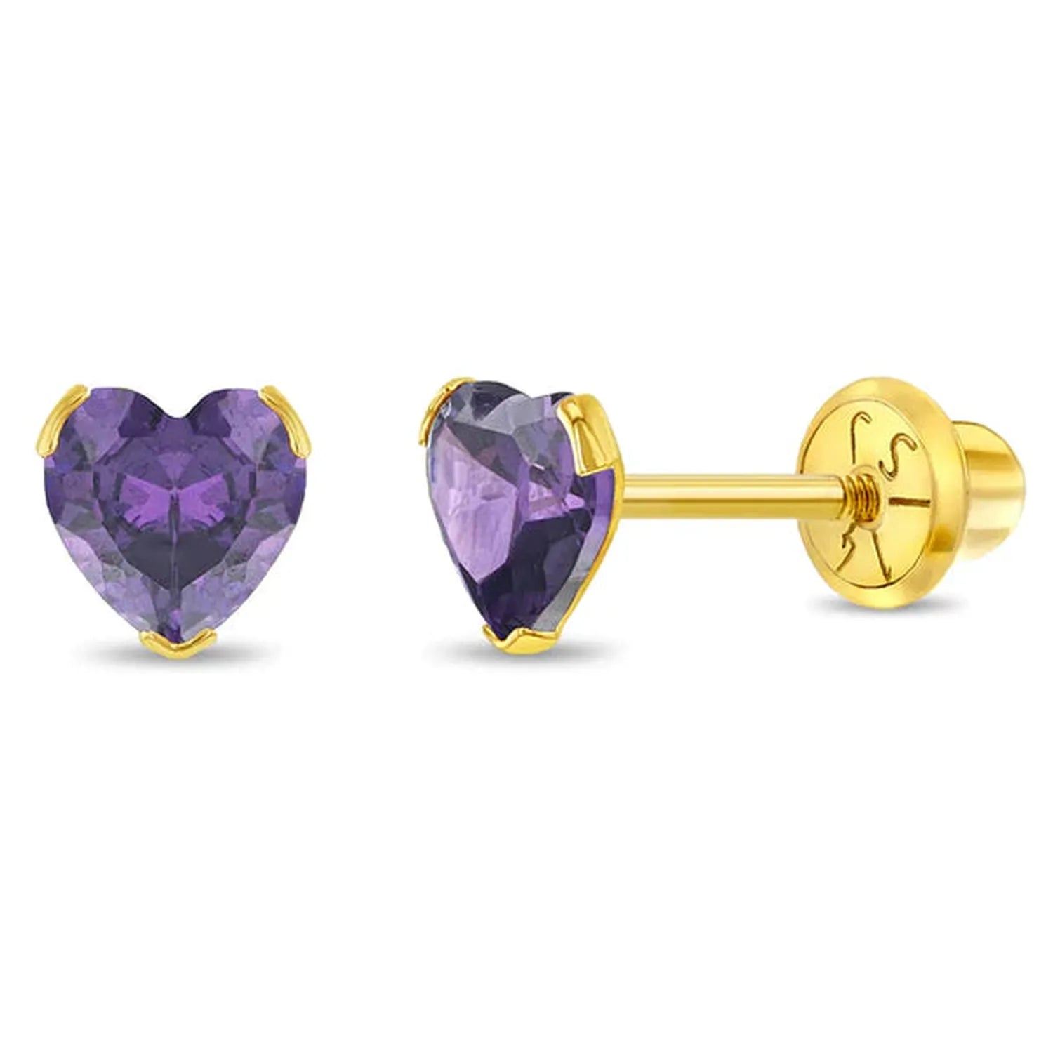 In Season Jewellery heart-shaped amethyst childrens earrings February birthstone jewellery for girls in gold setting
