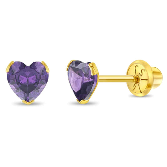 In Season Jewellery heart-shaped amethyst childrens earrings February birthstone jewellery for girls in gold setting