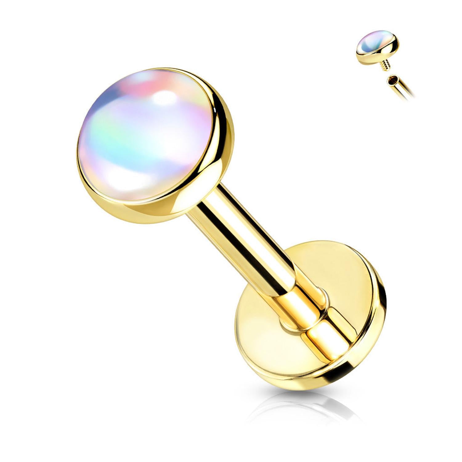 Melchior Jewellery flat back labret with iridescent stone set in gold body jewellery piece