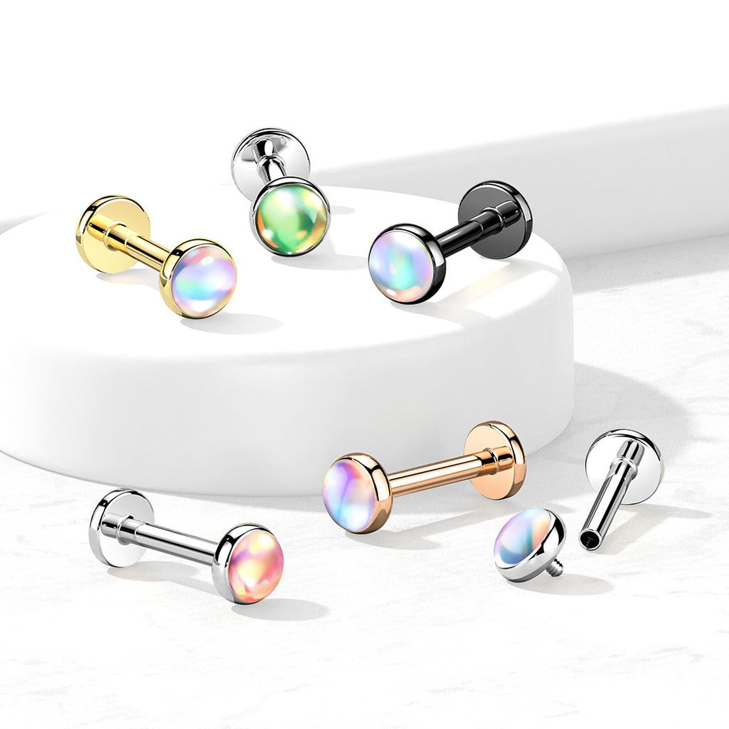 Melchior Jewellery flat back labret with iridescent stone in various metal finishes for body piercing
