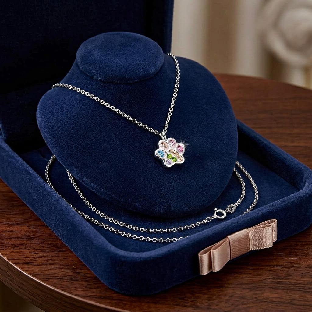 Sterling silver CZ Paw Print Necklace with multicolour stones for childrens jewellery gift