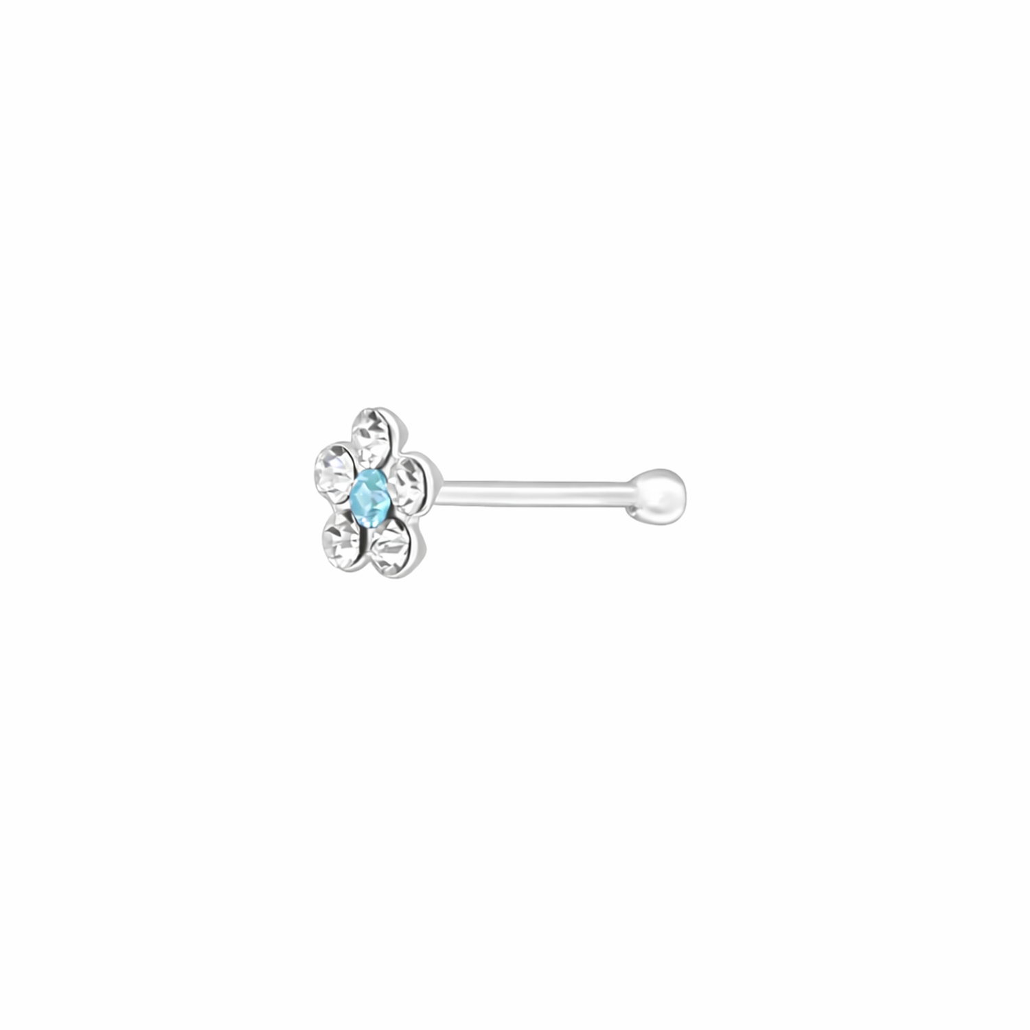 Sterling silver aqua flower nose stud with clear crystals from Melchior Jewellery collection