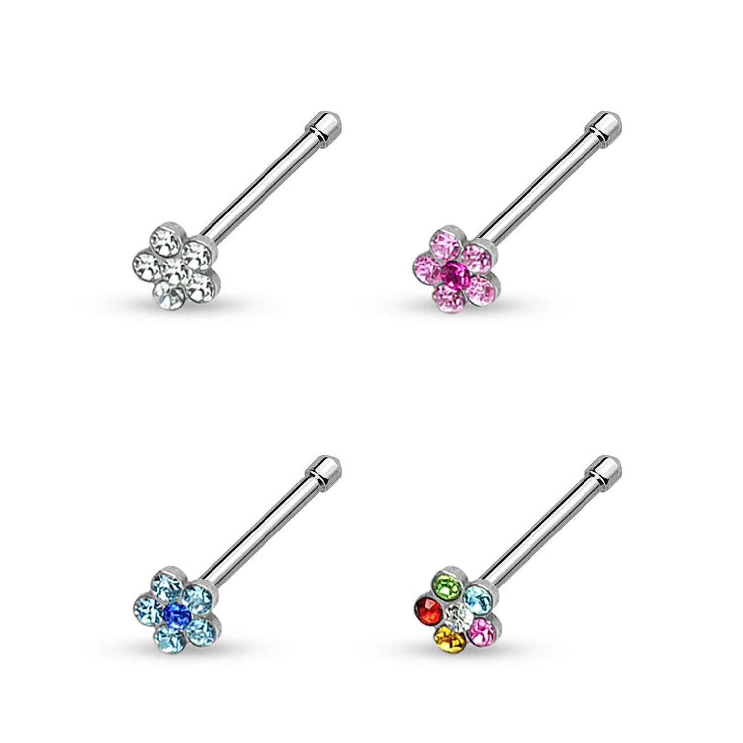 Melchior Jewellery silver flower shaped nose piercing stud set showing clear pink blue and multicolour crystals