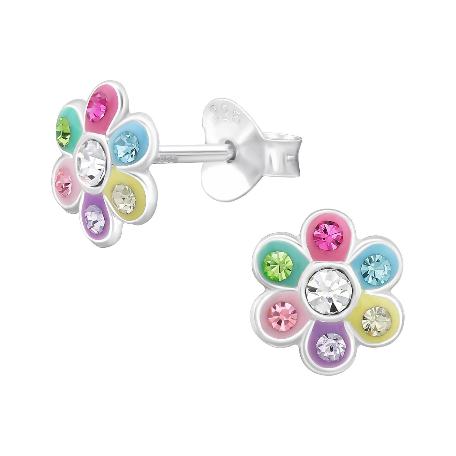 Girls Silver Multicoloured CZ Flower Stud Earrings in sterling silver with colourful cubic zirconia for children