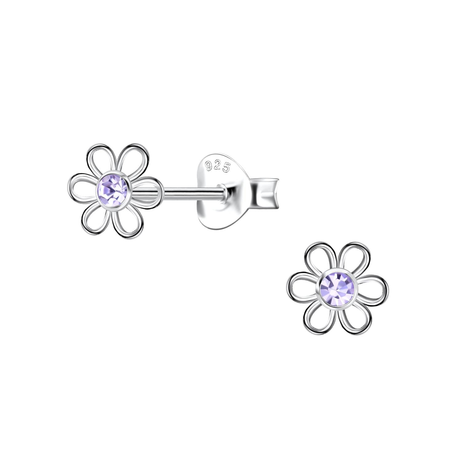 Melchior Jewellery girls flower crystal earrings in silver with purple crystal centre for children