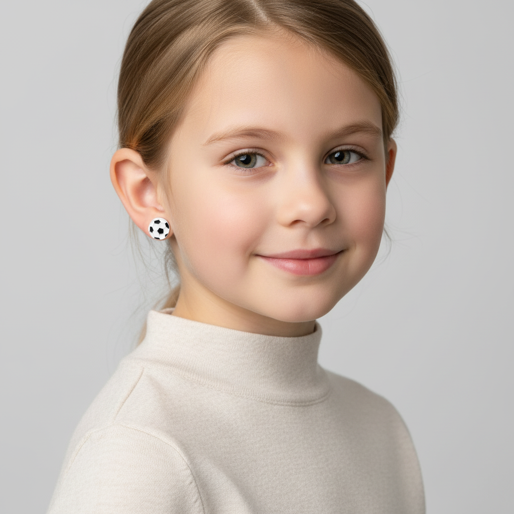 Child wearing football themed earrings for boys and girls by Melchior Jewellery with a happy expression