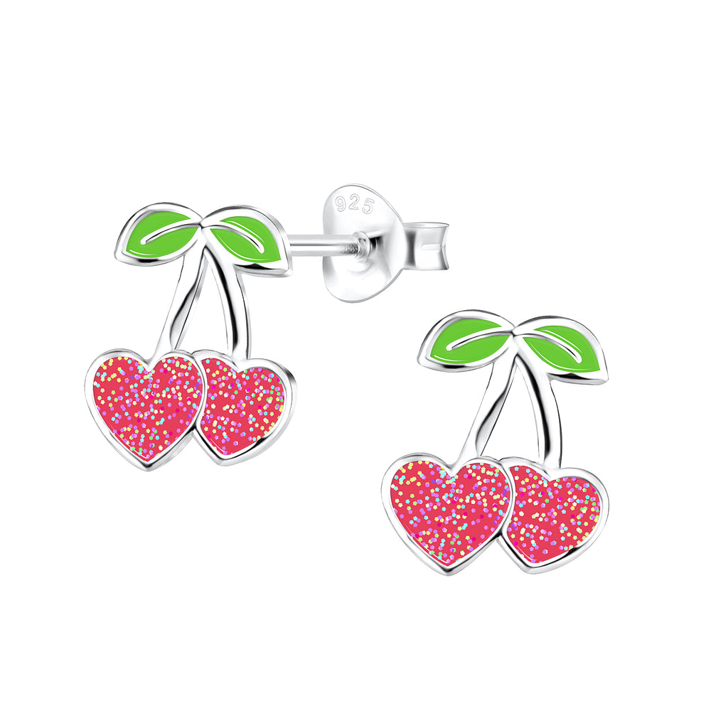 Melchior Jewellery girls silver cherry earrings with glittery red hearts and green leaves for children