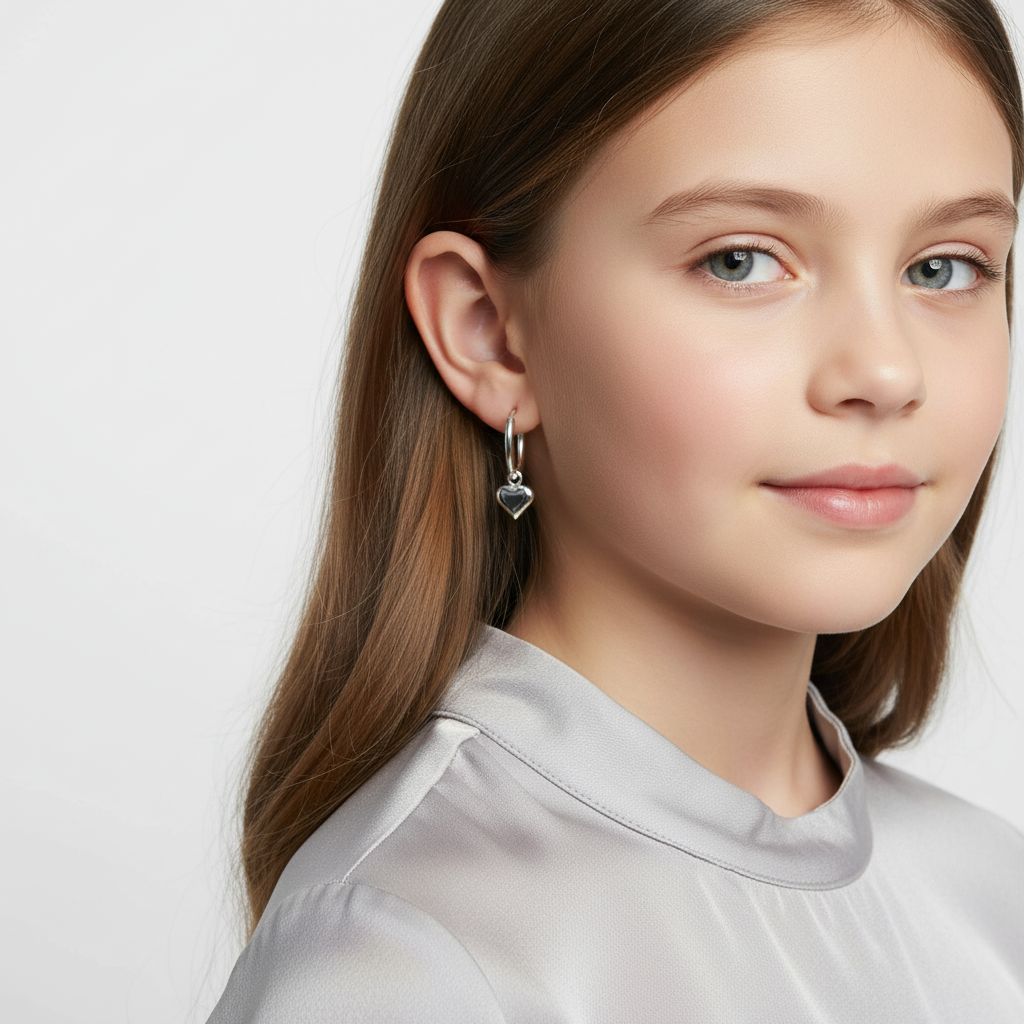 Young girl wearing girls silver hoop earrings with heart charm from Melchior Jewellery in silver tone