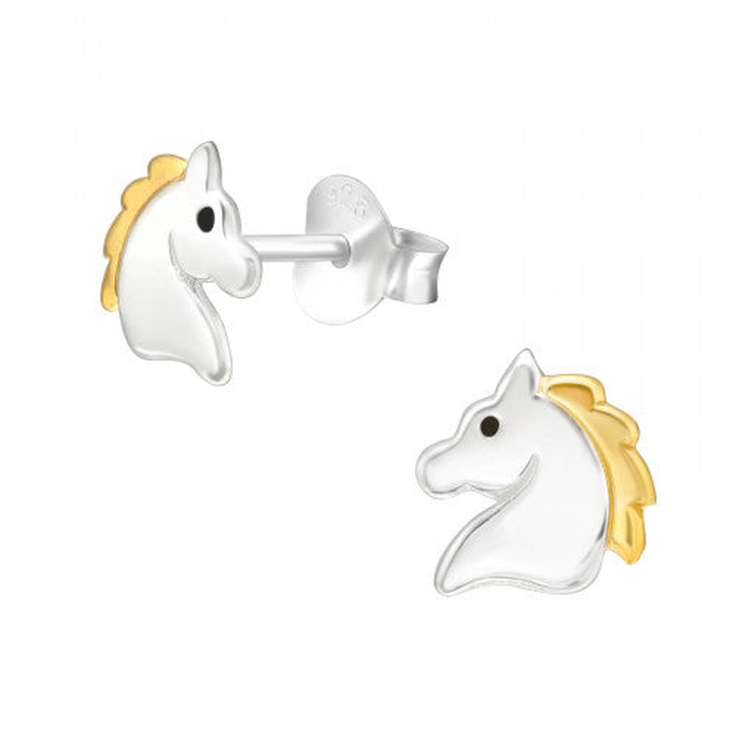 Girls sterling silver horse stud earrings with gold detail by Melchior Jewellery for girls