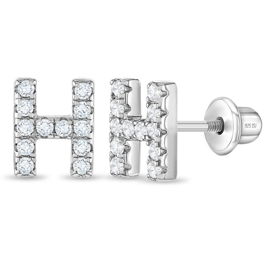 In Season Jewellery girl's sterling silver initial H earrings studded with sparkling stones