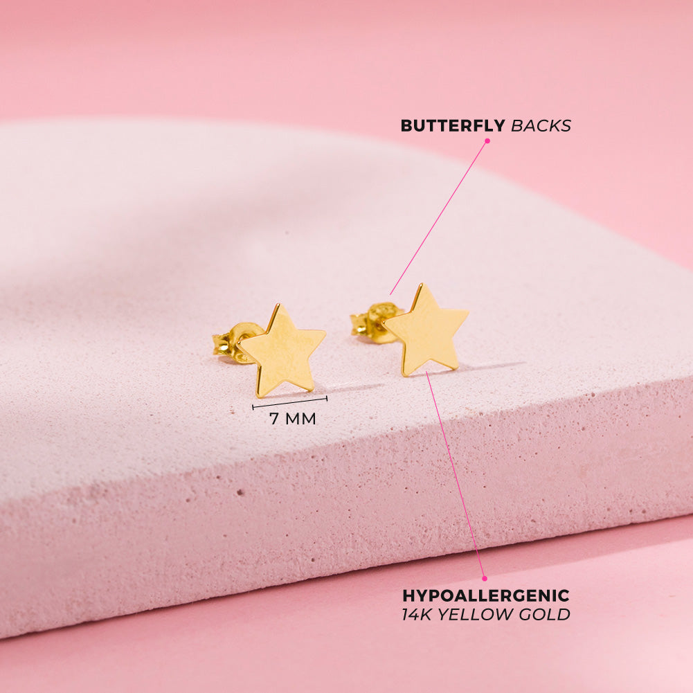 14k gold star stud earrings for girls by In Season Jewellery with butterfly backs and hypoallergenic design