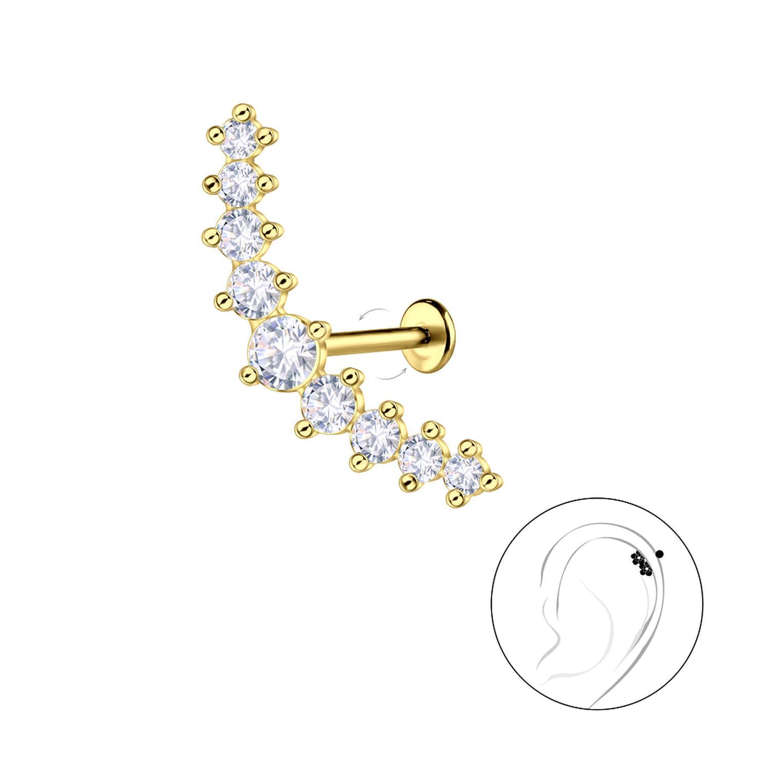 Silver geometric labret with gold plating featuring clear crystals curved design for ear piercing by Melchior Jewellery