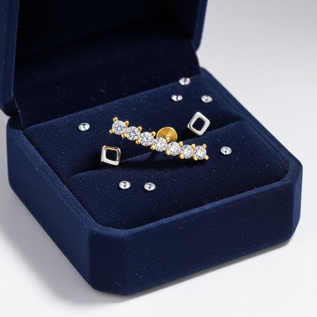 Gold labret earring silver titanium with crystal stones displayed in a navy blue jewellery box
