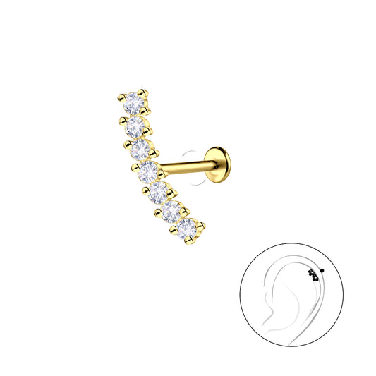 Gold labret earring silver titanium curved with clear stones by Melchior Jewellery for ear piercing