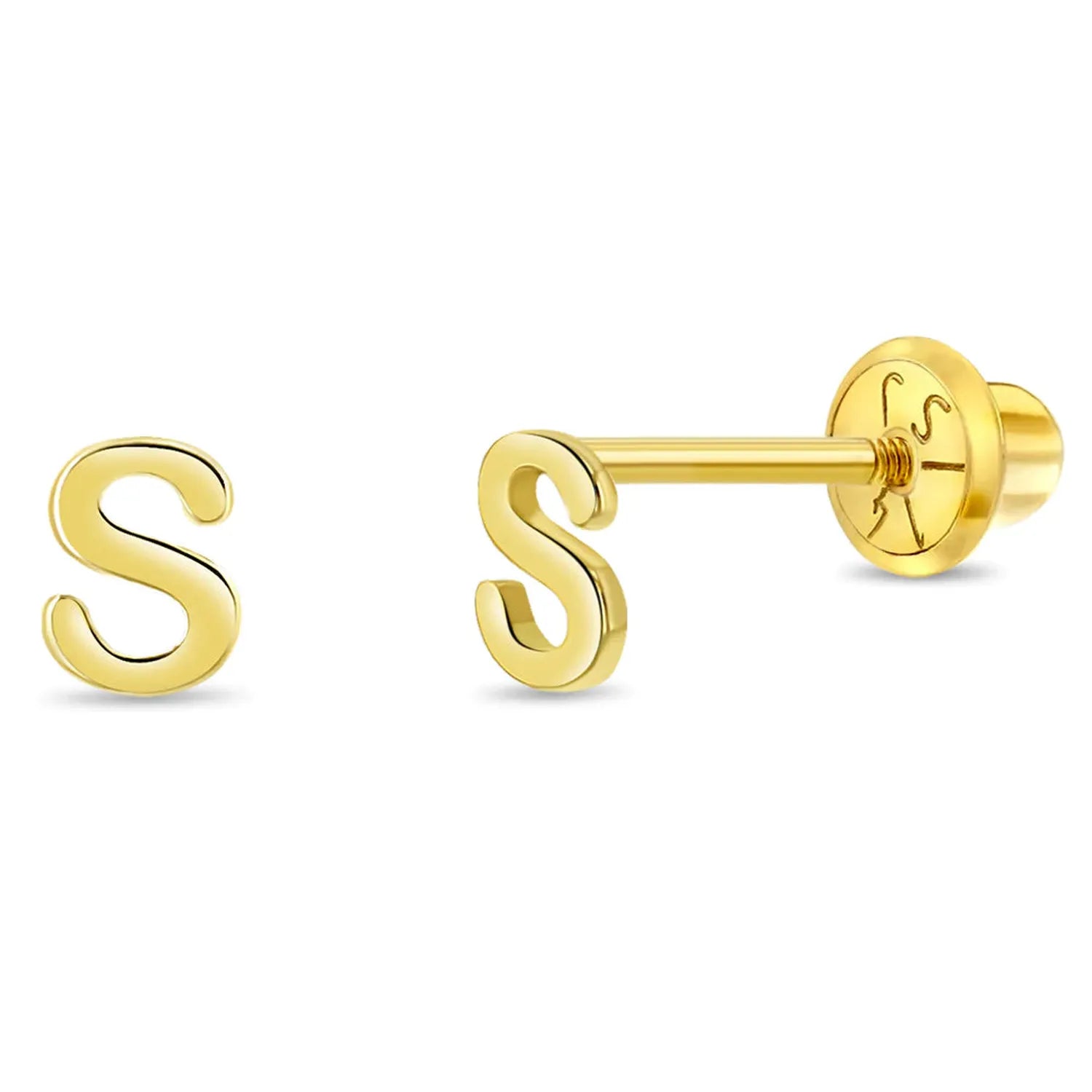 Girls screw back gold earrings shaped like the letter S from In Season Jewellery for children