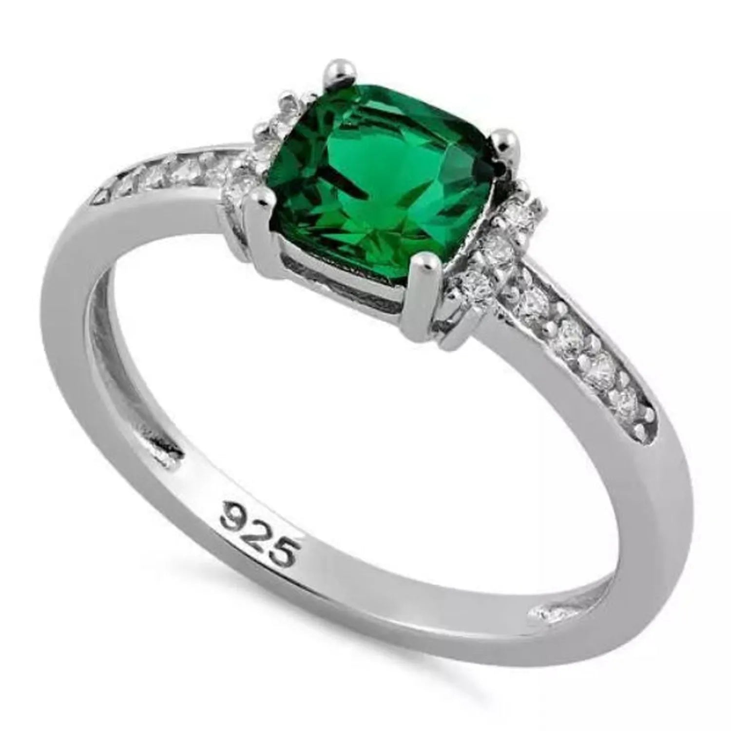 Melchior Jewellery cushion cut emerald CZ ring in sterling silver with small clear stones on band