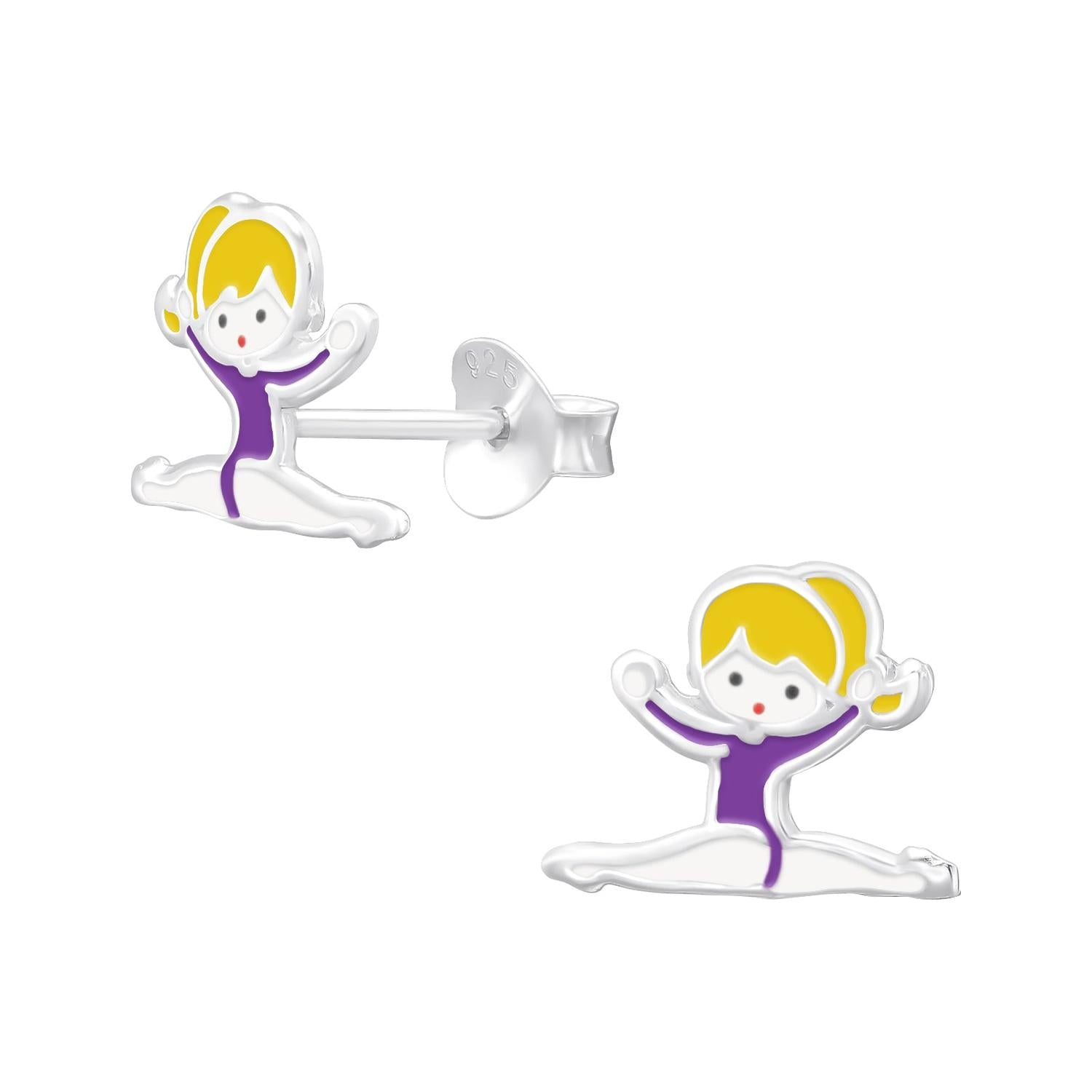 sterling silver purple and yellow girls gymnastics earrings for children by Melchior Jewellery
