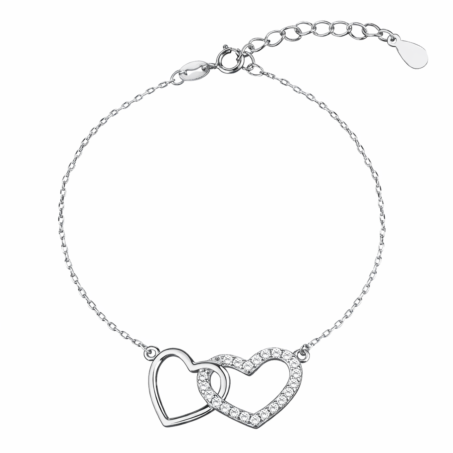 Sentiell sterling silver double heart bracelet with one heart embellished with crystals on delicate chain