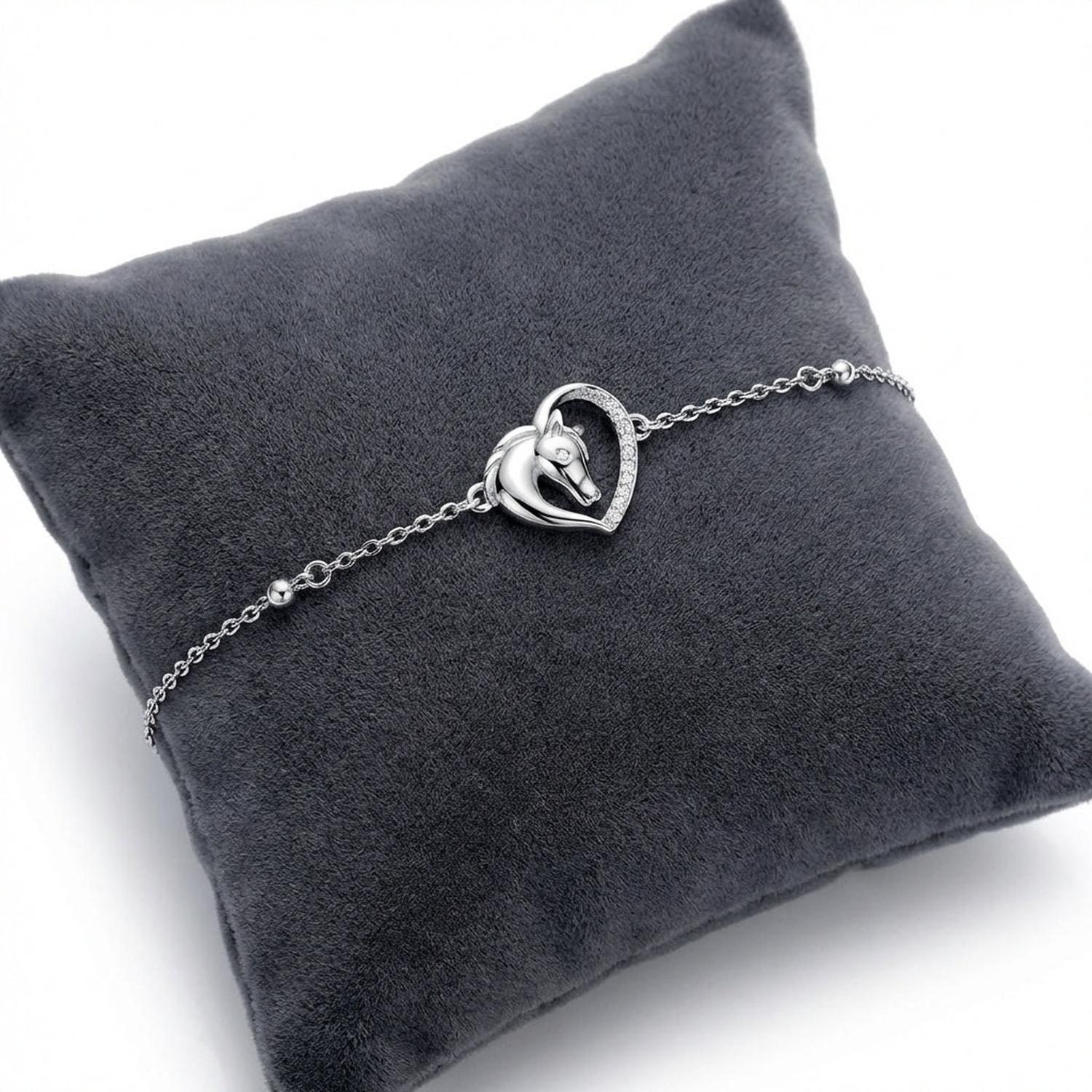 Sterling silver heritage stallion bracelet with horse head inside heart pendant on delicate chain