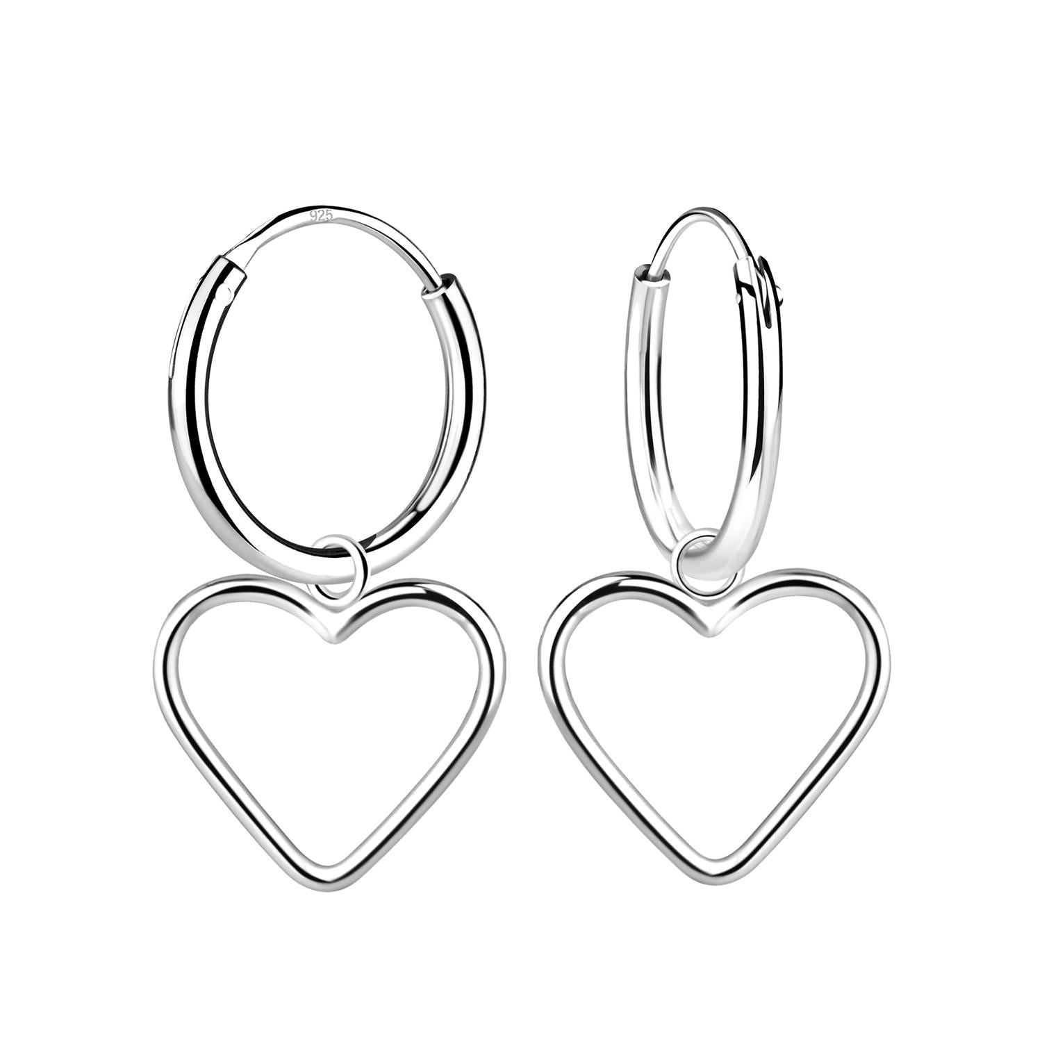 Sterling silver heart hoop earrings with open heart design in polished silver finish for women