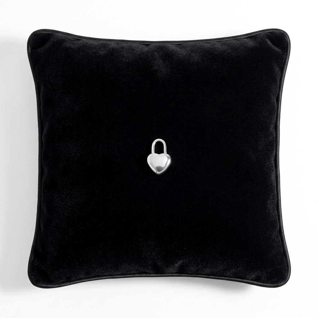 sterling silver Heart Padlock Charm displayed on a black velvet cushion by Melchior Jewellery