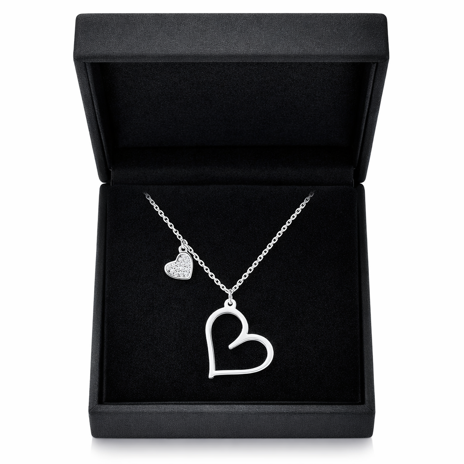 Melchior Jewellery sterling silver double heart necklace in black gift box with two heart pendants