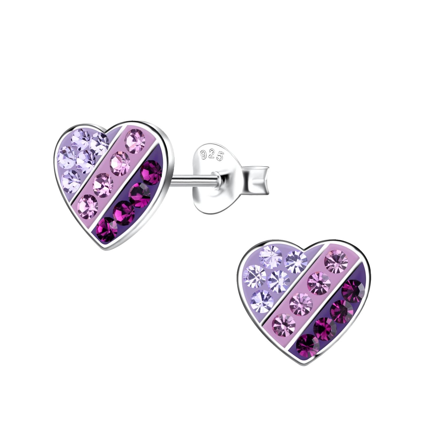 Melchior Jewellery girls sterling silver heart earrings with purple, lilac, and pink crystals in striped design
