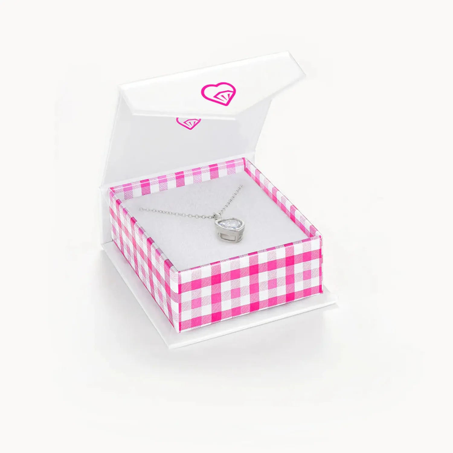 Sterling silver April birthstone necklace for children in a pink checkered gift box by In Season Jewellery