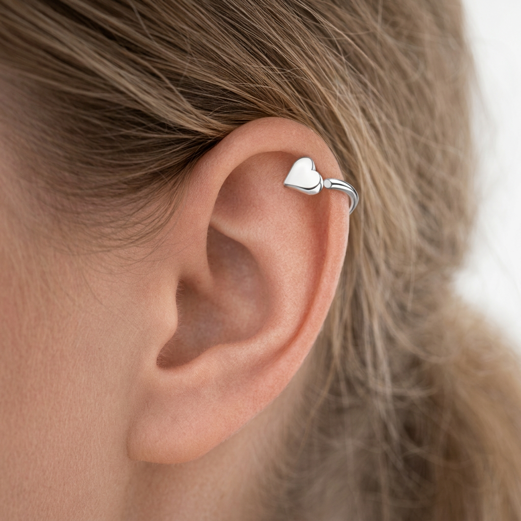Sterling silver Helix Heart Piercing Hoop on upper ear cartilage by Melchior Jewellery