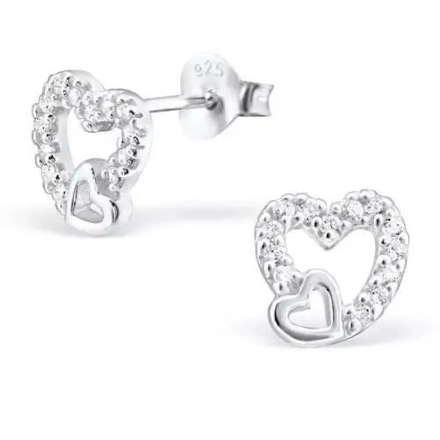 Sterling Silver Double Heart CZ Stud Earrings - Melchior Jewellery 