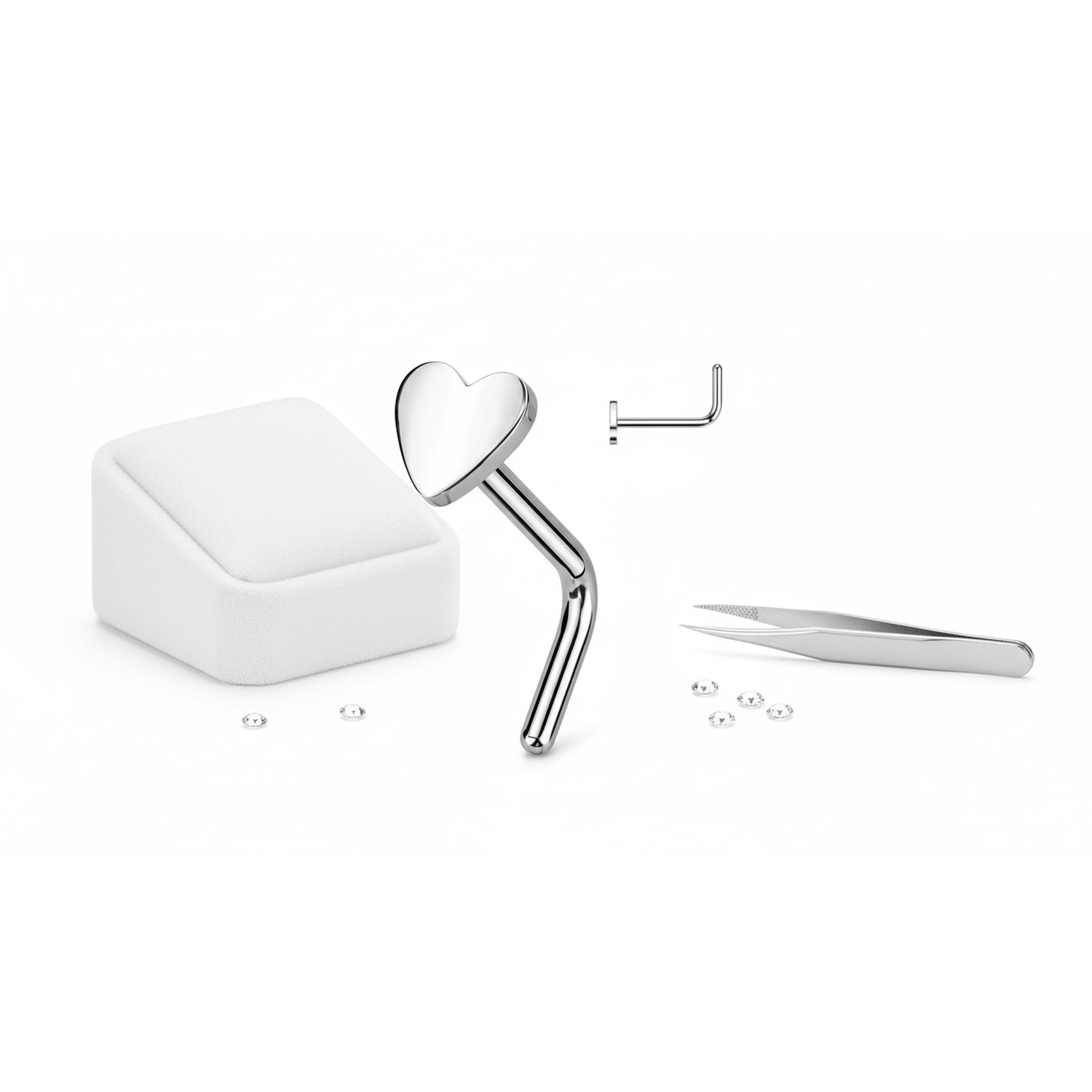Melchior Jewellery implant grade titanium nose stud with heart design and piercing tools