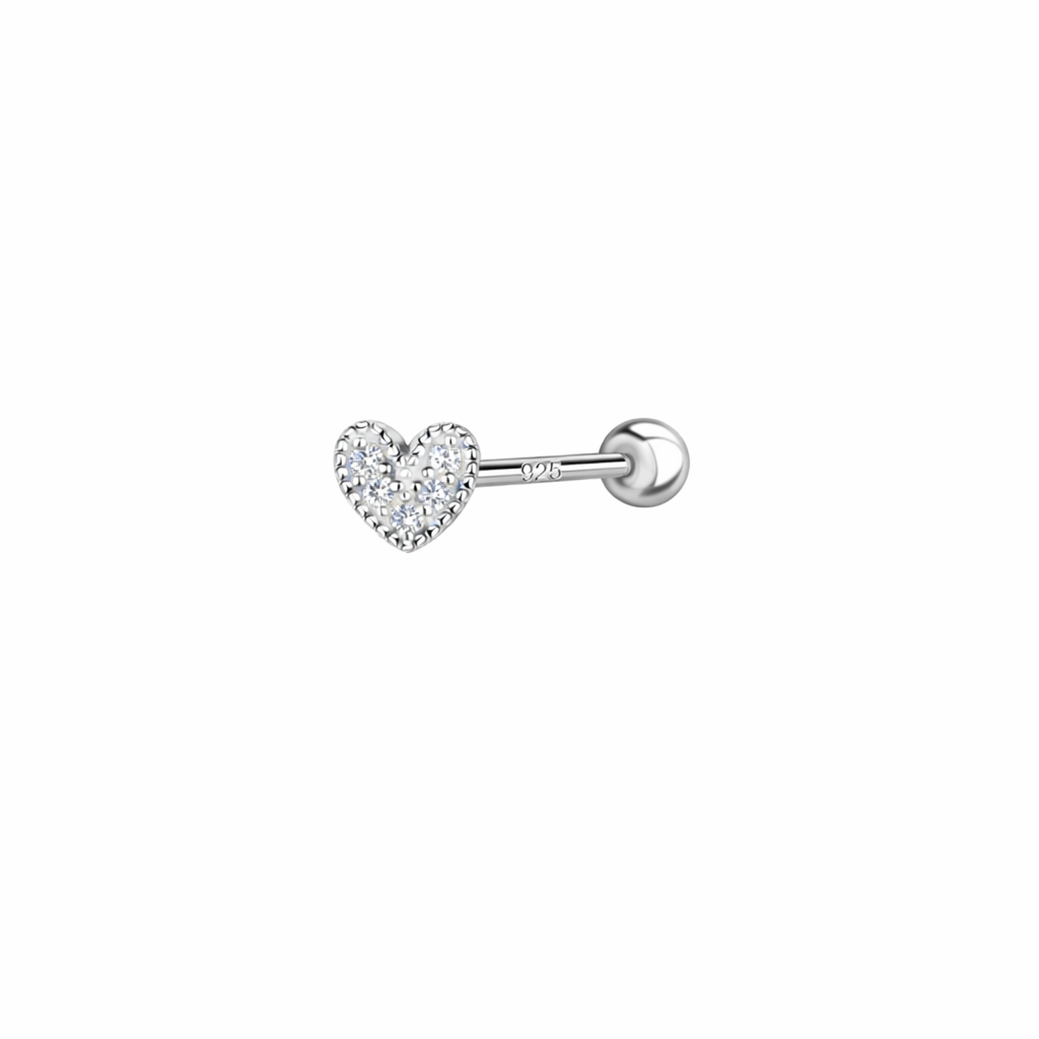 Sterling Silver Heart Cartilage Stud with Silver Ball Screw Back - Melchior Jewellery 
