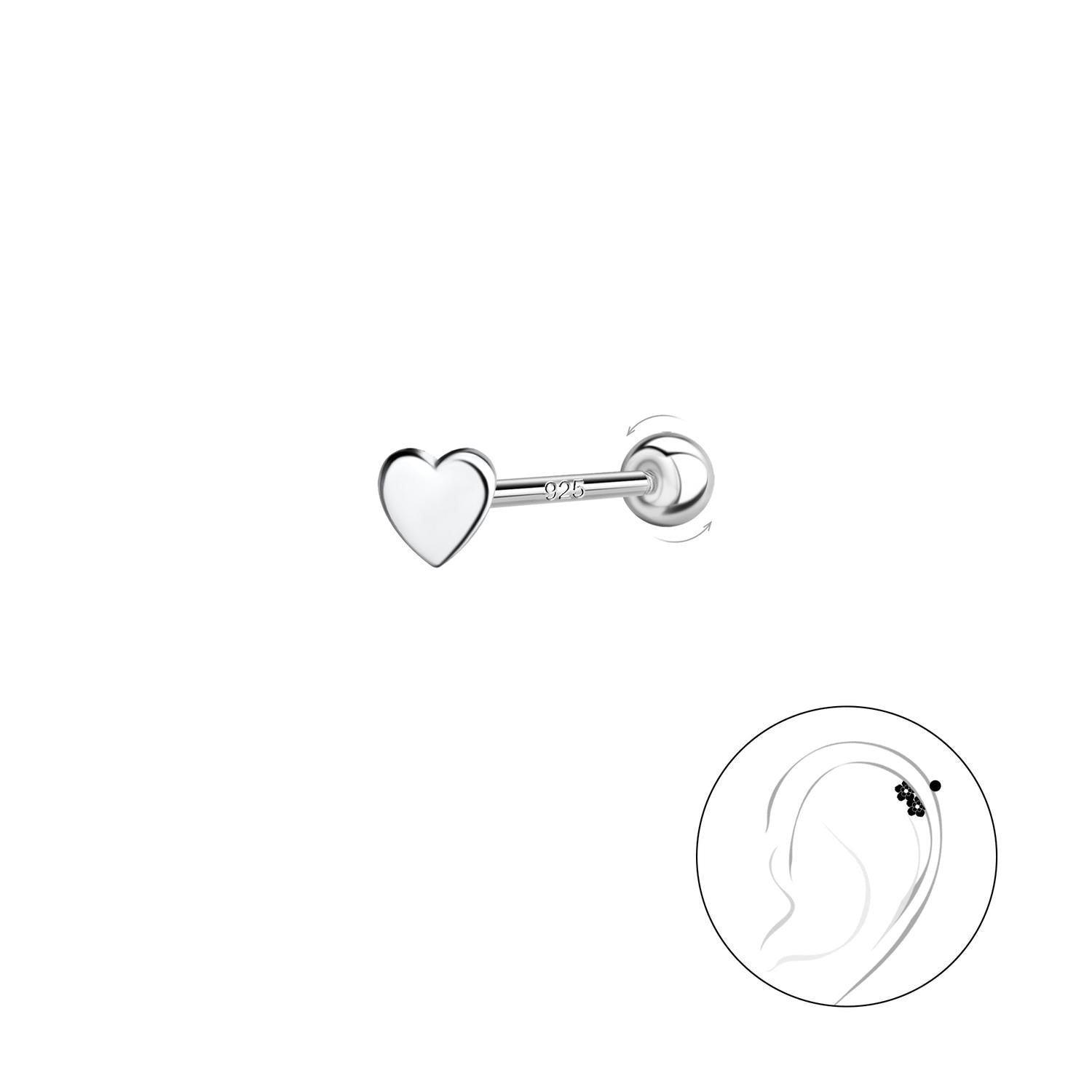 Sterling silver heart cartilage stud body jewellery with polished finish for ear piercing