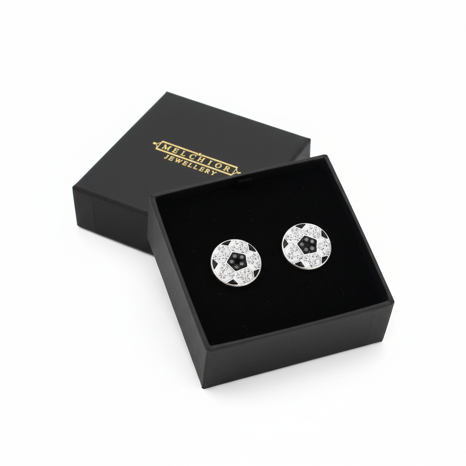 Melchior Jewellery girls sterling silver football earrings in black and white presented in a black gift box