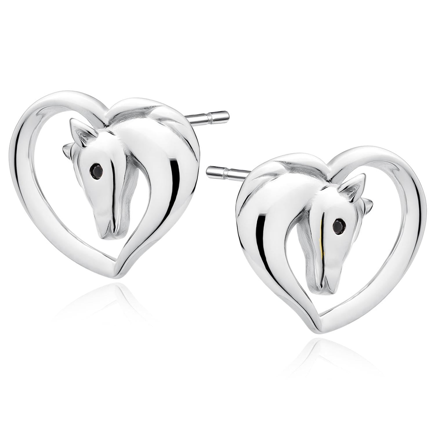 Melchior Jewellery silver heart horse earrings featuring polished heart shape with horse head detail