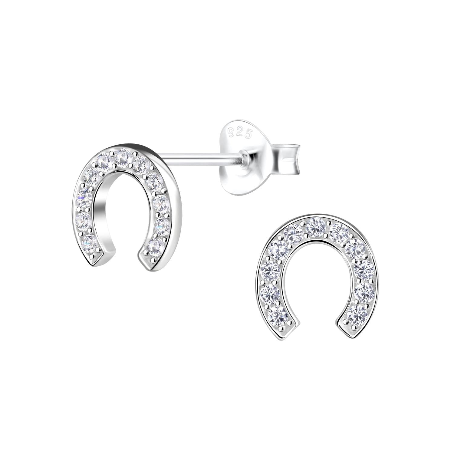 Silver Melchior Jewellery horseshoe stud earrings with clear sparkling crystals